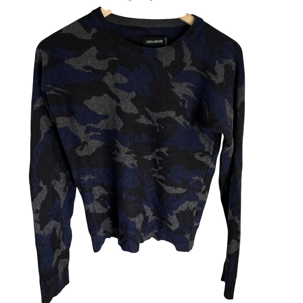 Zadig & Voltaire Distressed Blue Cashmere Camo Crewneck Sweater Long Sleeve